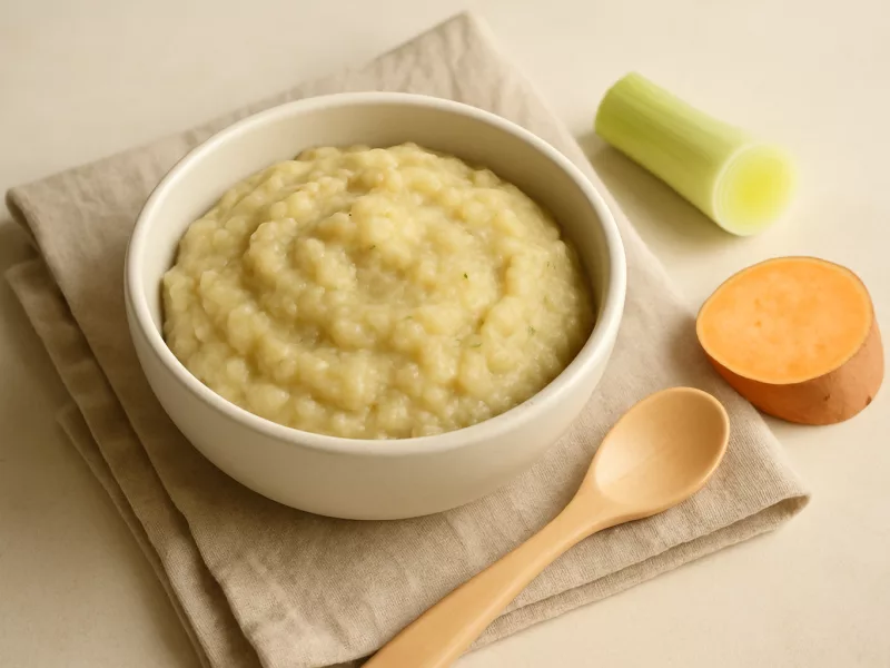 Kom simpel babyhapje met precies drie ingrediënten: stevige prei-wittebonenpuree, geschikt vanaf 6 maanden
