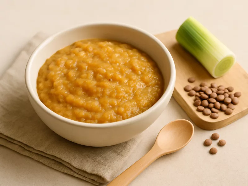 Kom vegetarische prei-linzensoep met tomaat en appel: ijzer en vitamine c voor baby van 7 maanden, geschikt vanaf 7 maanden