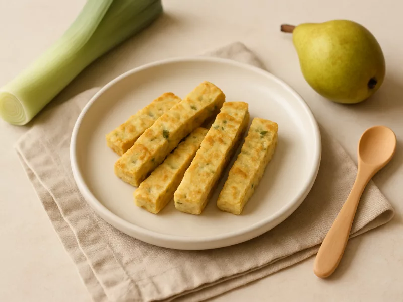 Kom omelet reepjes baby: dikke prei-peer-speltpap, geschikt vanaf 7 maanden
