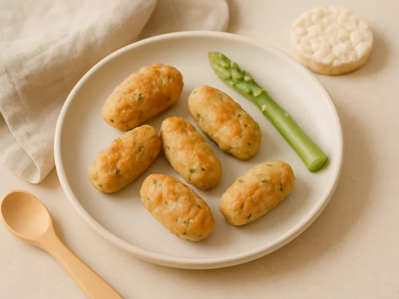 Kom zachte rijstwafel-zalmballetjes met asperge, geschikt vanaf 9 maanden