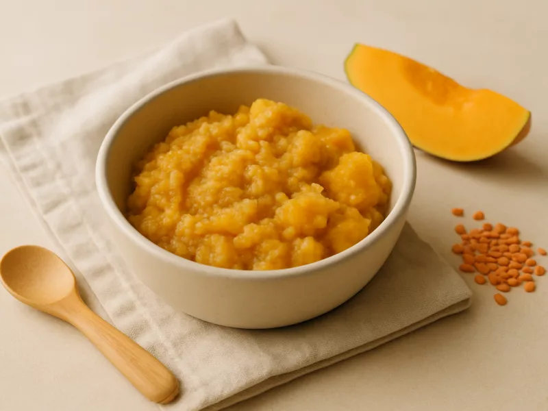 Kom peuter lunch idee: stukjessoep met granaatappel en flespompoen, geschikt vanaf 12 maanden