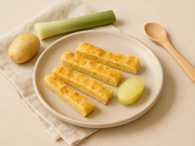Kom omelet reepjes baby: lepelbare prei-aardappelsoep, geschikt vanaf 7 maanden