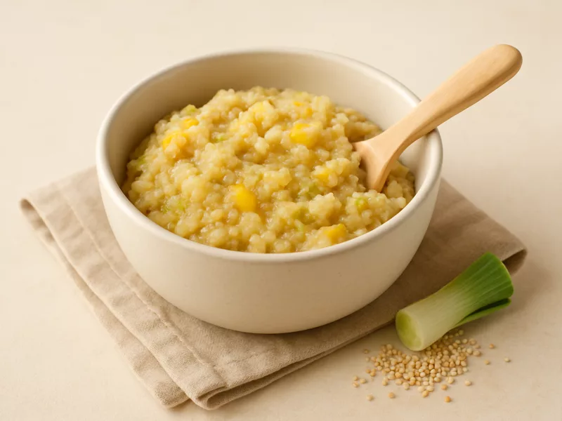Kom linzen aardappel prak baby: prei-quinoapap met mango, geschikt vanaf 7 maanden