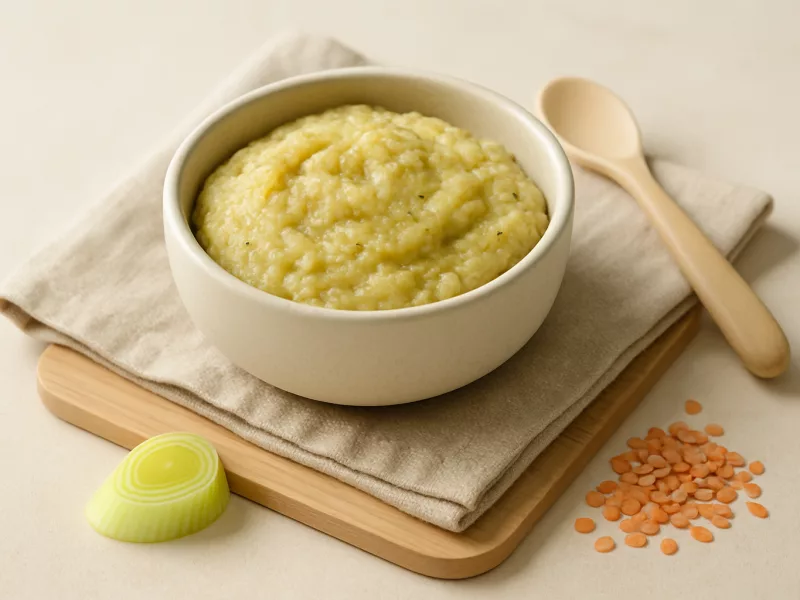 Kom hartige prei-gierstpap als alternatief voor kikkererwten hummus baby, geschikt vanaf 8 maanden
