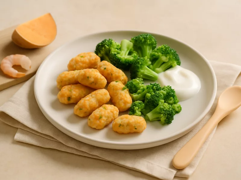 Kom zachte garnalen-zoeteaardappelballetjes met broccoli en yoghurt, geschikt vanaf 9 maanden