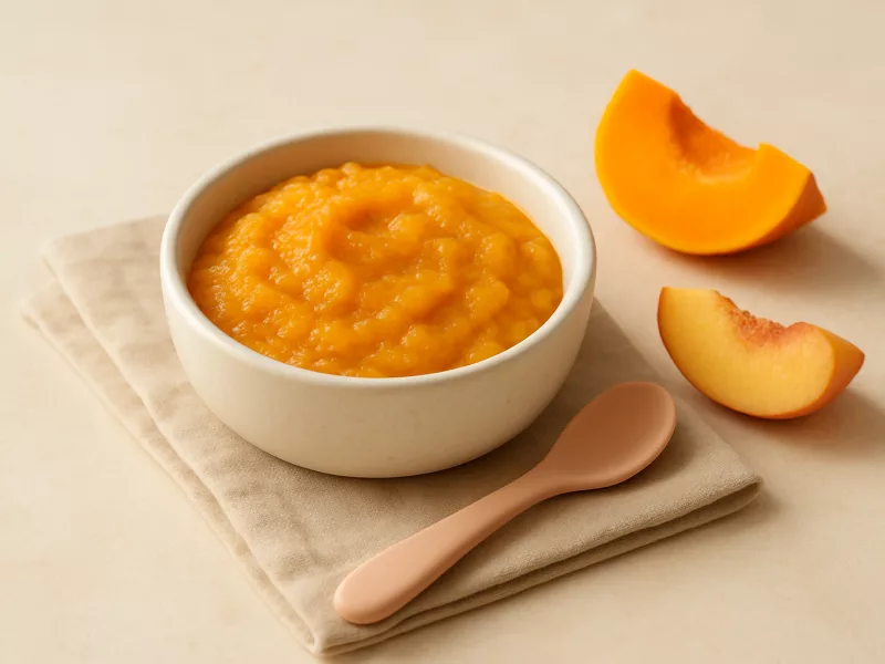 Kom pompoen-appelpuree baby met perzik en courgette, geschikt vanaf 5 maanden