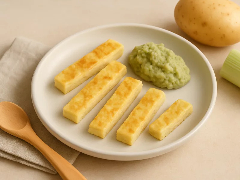 Kom omelet reepjes baby: stevige prei-tofupuree met courgette, geschikt vanaf 7 maanden