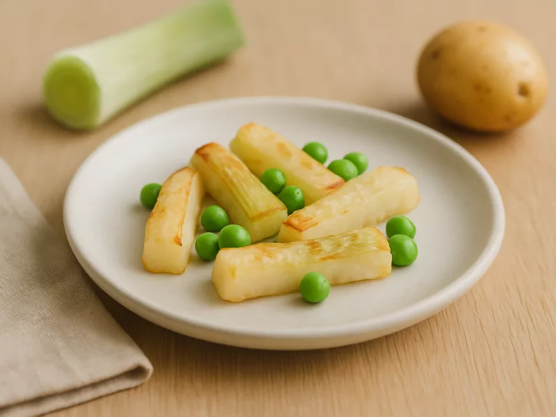 Kom geroosterde prei-aardappelrepen met doperwten, geschikt vanaf 9 maanden