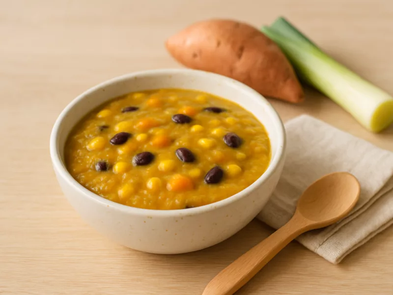 Kom peuter lunch idee: maïssoep met zoete aardappel en zwarte bonen, geschikt vanaf 12 maanden