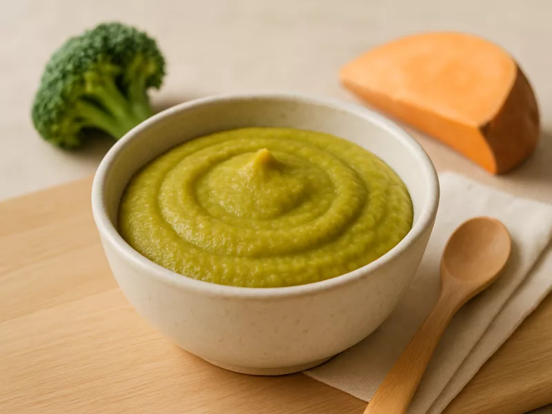 Kom broccolipuree baby 6 maanden met zoete aardappel en kip, geschikt vanaf 6 maanden