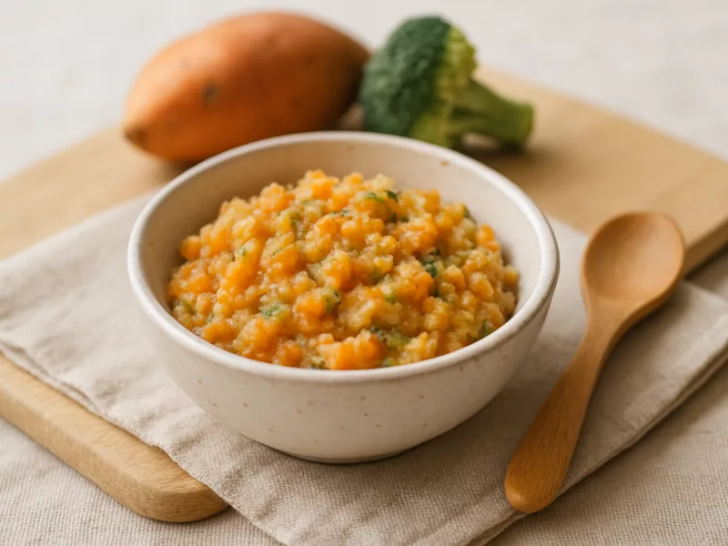 Kom avondeten baby 8 maanden met zoete aardappel, broccoli en zalm, geschikt vanaf 8 maanden