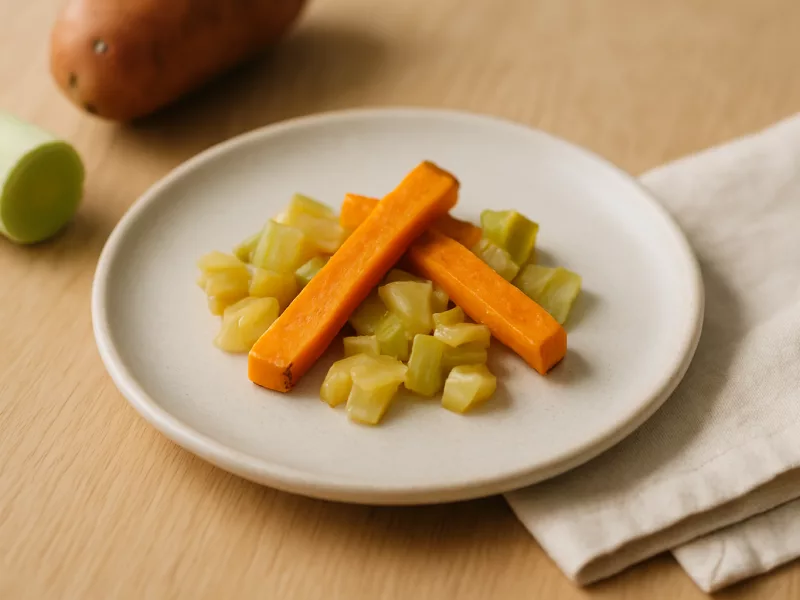Kom zachte prei-zoeteaardappelrepen uit de oven, geschikt vanaf 9 maanden
