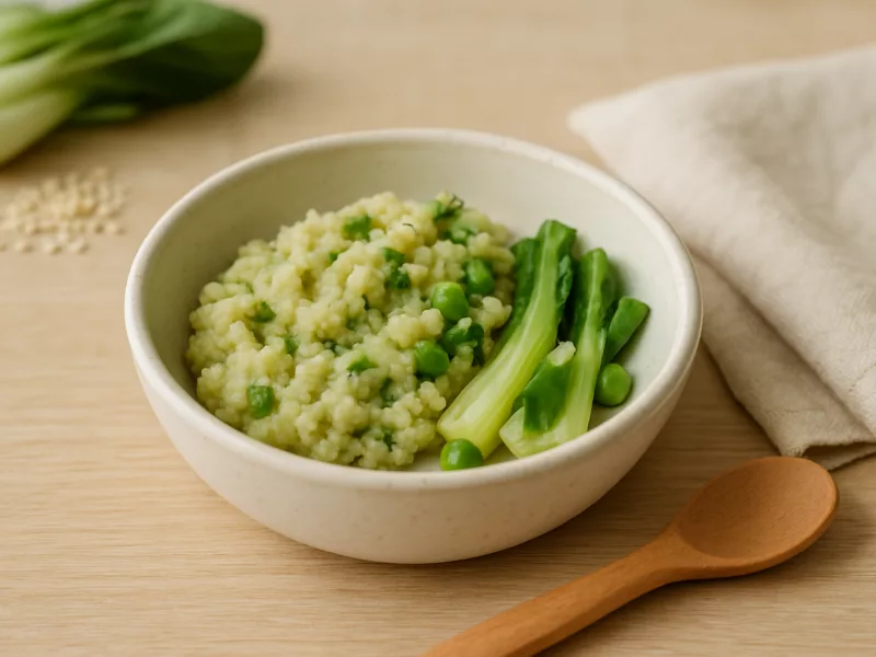 Kom peuterlunch idee: zachte couscous met taugé, paksoi en doperwten, geschikt vanaf 12 maanden