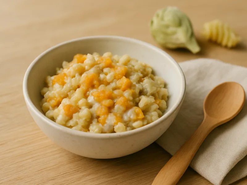 Kom babyhapje voor een kieskeurige eter: geprakte pasta met artisjok, pompoen en yoghurt, geschikt vanaf 10 maanden