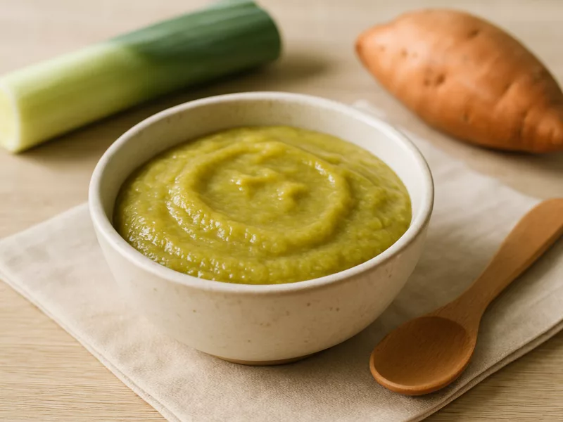 Kom sperziebonen puree baby: lepelsoep met prei, zoete aardappel en kip, geschikt vanaf 6 maanden