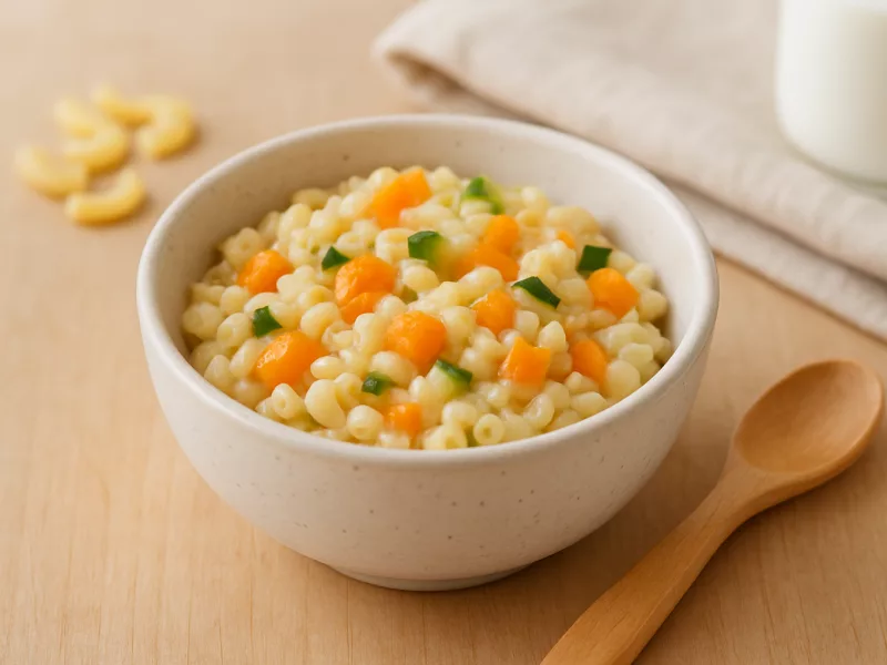 Kom peuter ontbijt idee: zachte pasta met karnemelk, wortel en courgette, geschikt vanaf 12 maanden